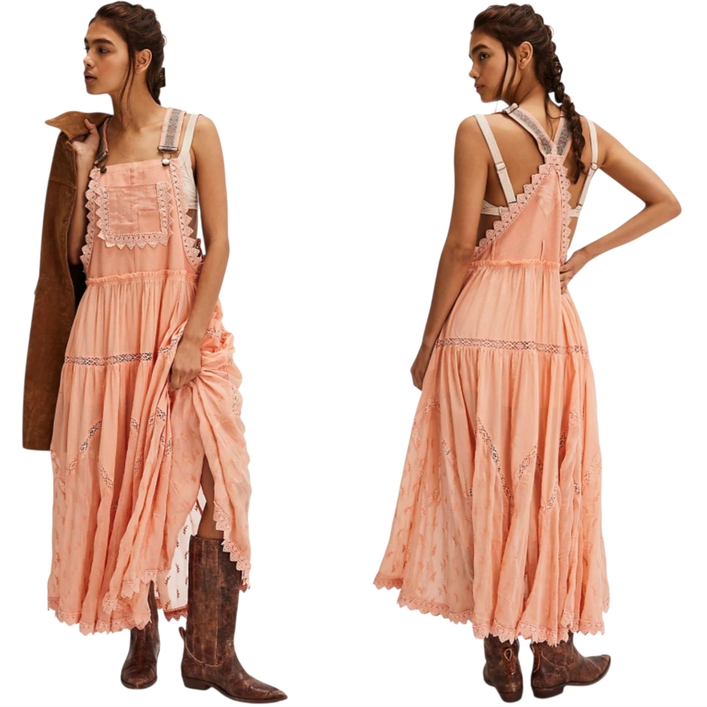 Free People Retro Inspired Peach Bibbed Skirtall Flowy Maxidress w/ Pockets